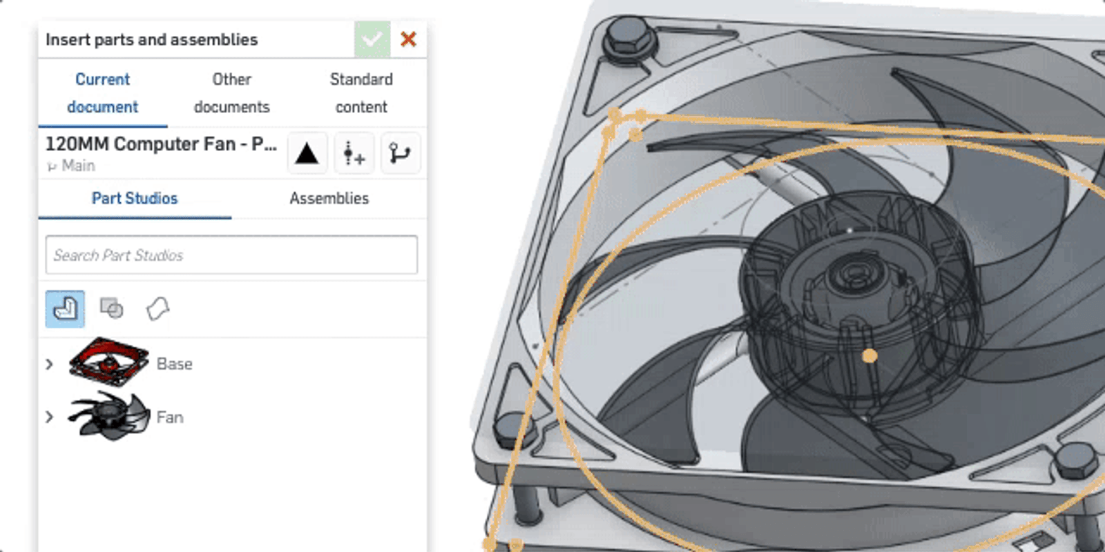 This animation shows the steps of inserting sketches and surfaces from within an Onshape assembly tab.