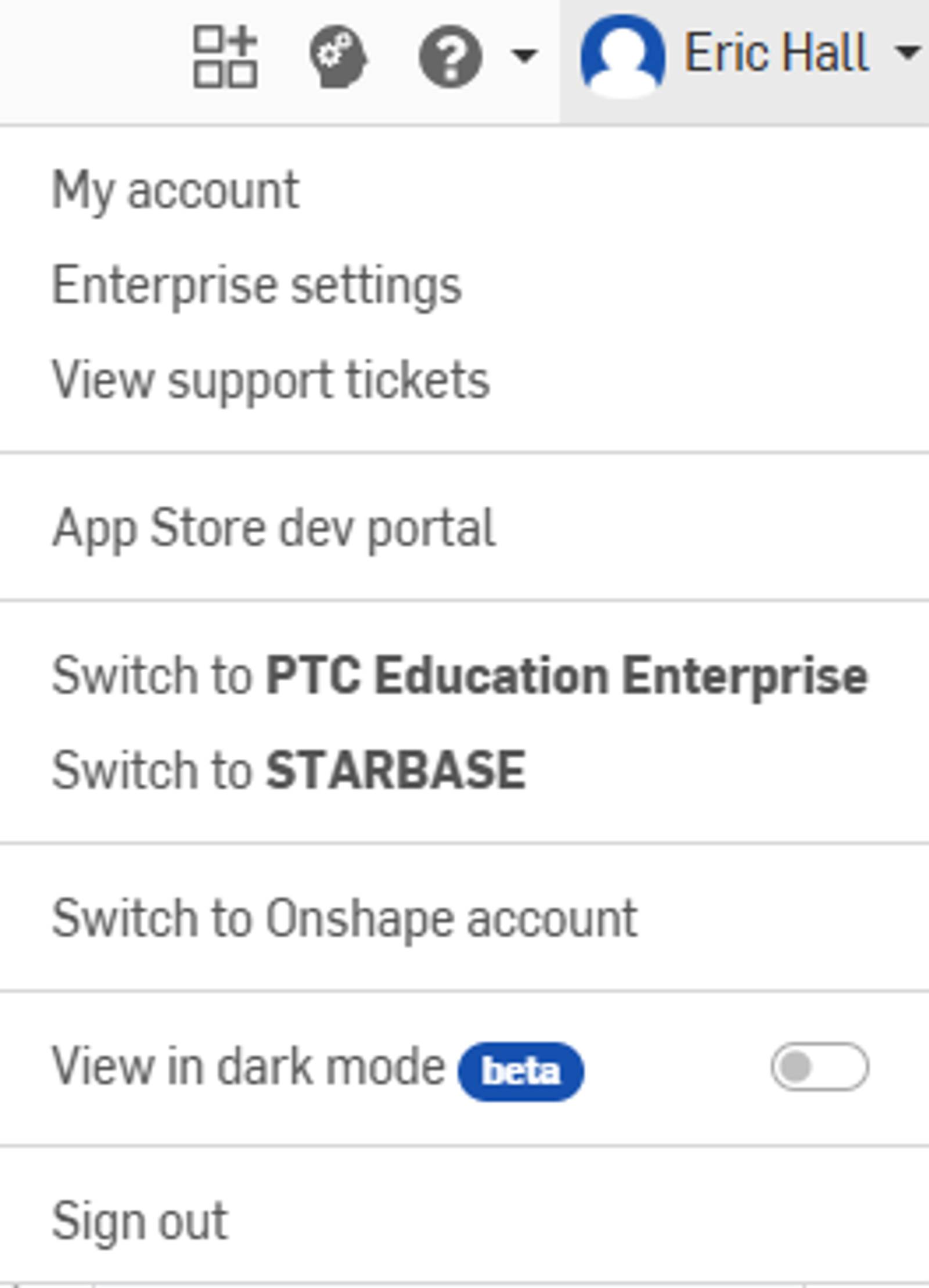 Part of Onshape GUI showing account options.