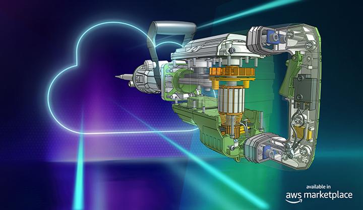 Illustrazione che mostra un modello CAD integrato in Onshape e il logo AWS Marketplace