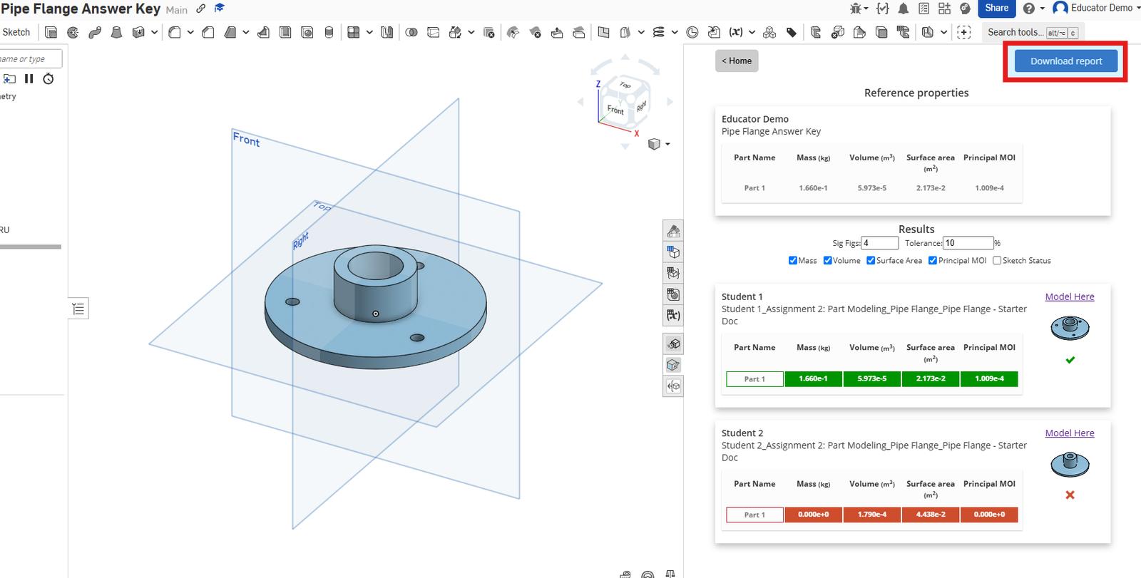 Onshape GUI showing the CAD Checker app working through a design assignment.