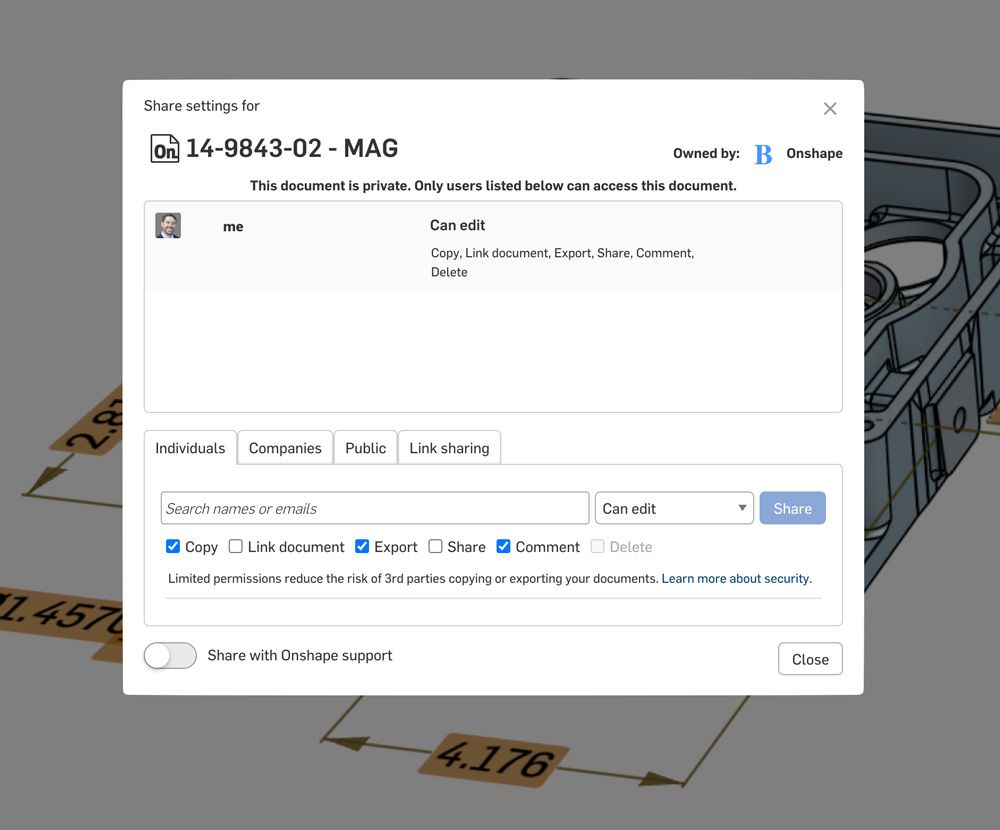 a screenshot of a share settings for a document. Onshape