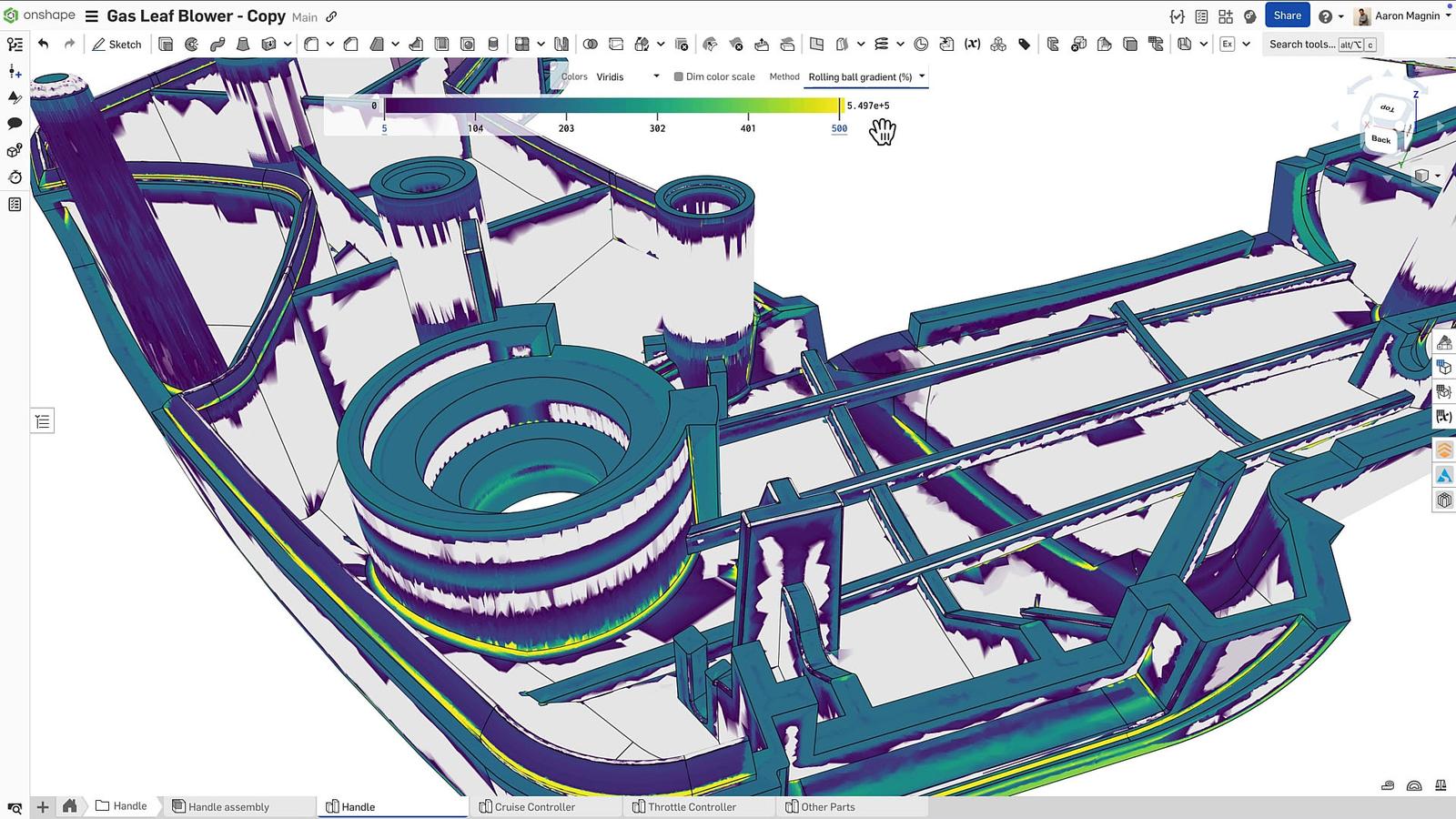 Onshape GUI of a CAD model showing the inner components and varying thicknesses of a leaf blower handle half.