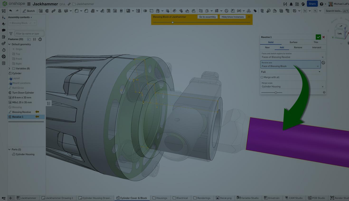 Onshape GUI with an overlay showing the Revolve feature and a CAD model of a jackhammer.