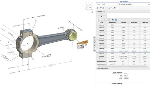 Onshape GUI showing a CAD model with PMI embedded through MBD.
