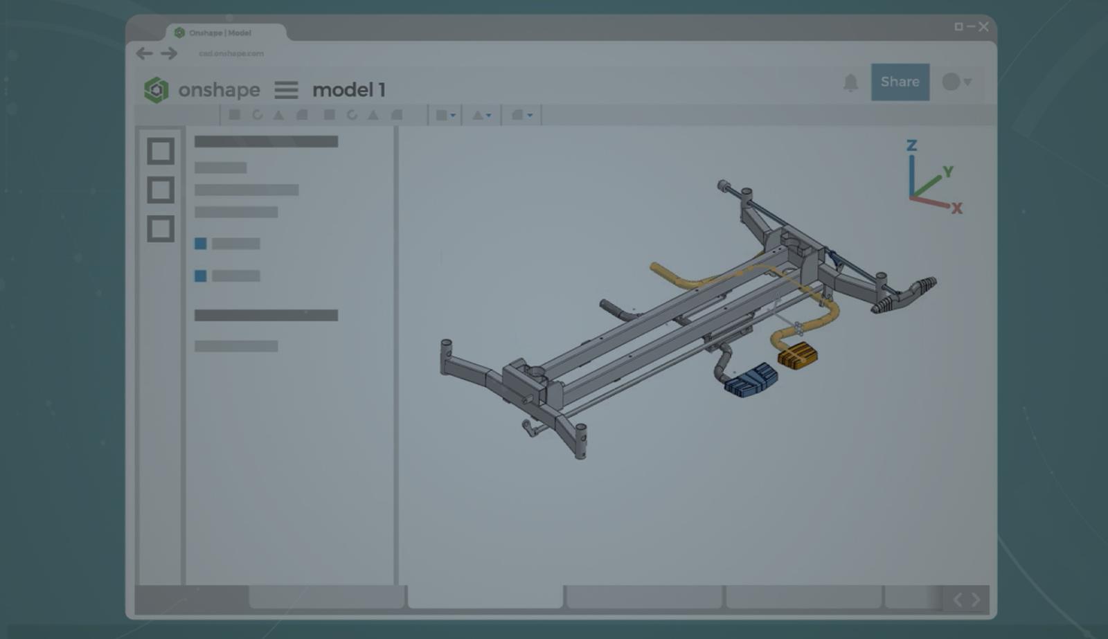 Darkened image showing a CAD model in a browser.
