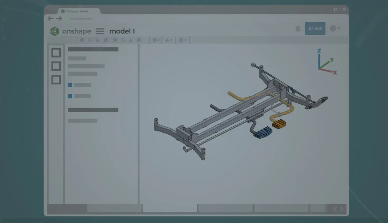 Darkened image showing a CAD model in a browser.
