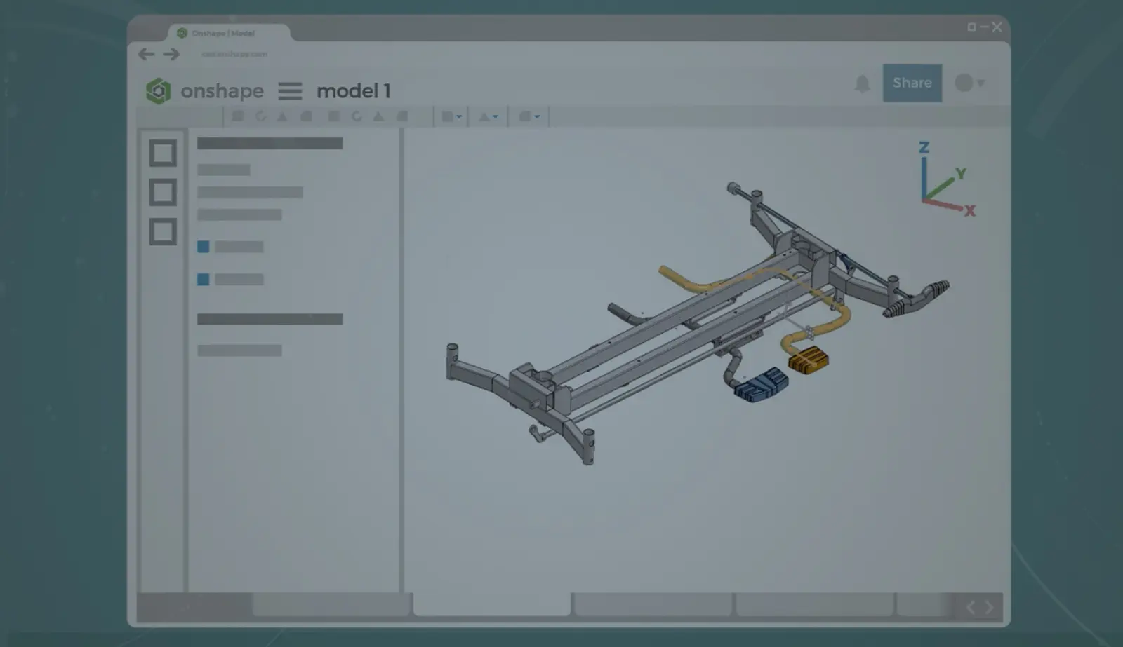 Darkened image showing a CAD model in a browser.