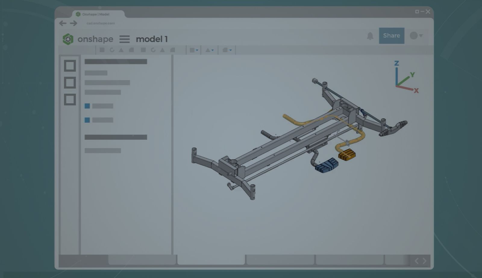 Darkened image showing a CAD model in a browser.