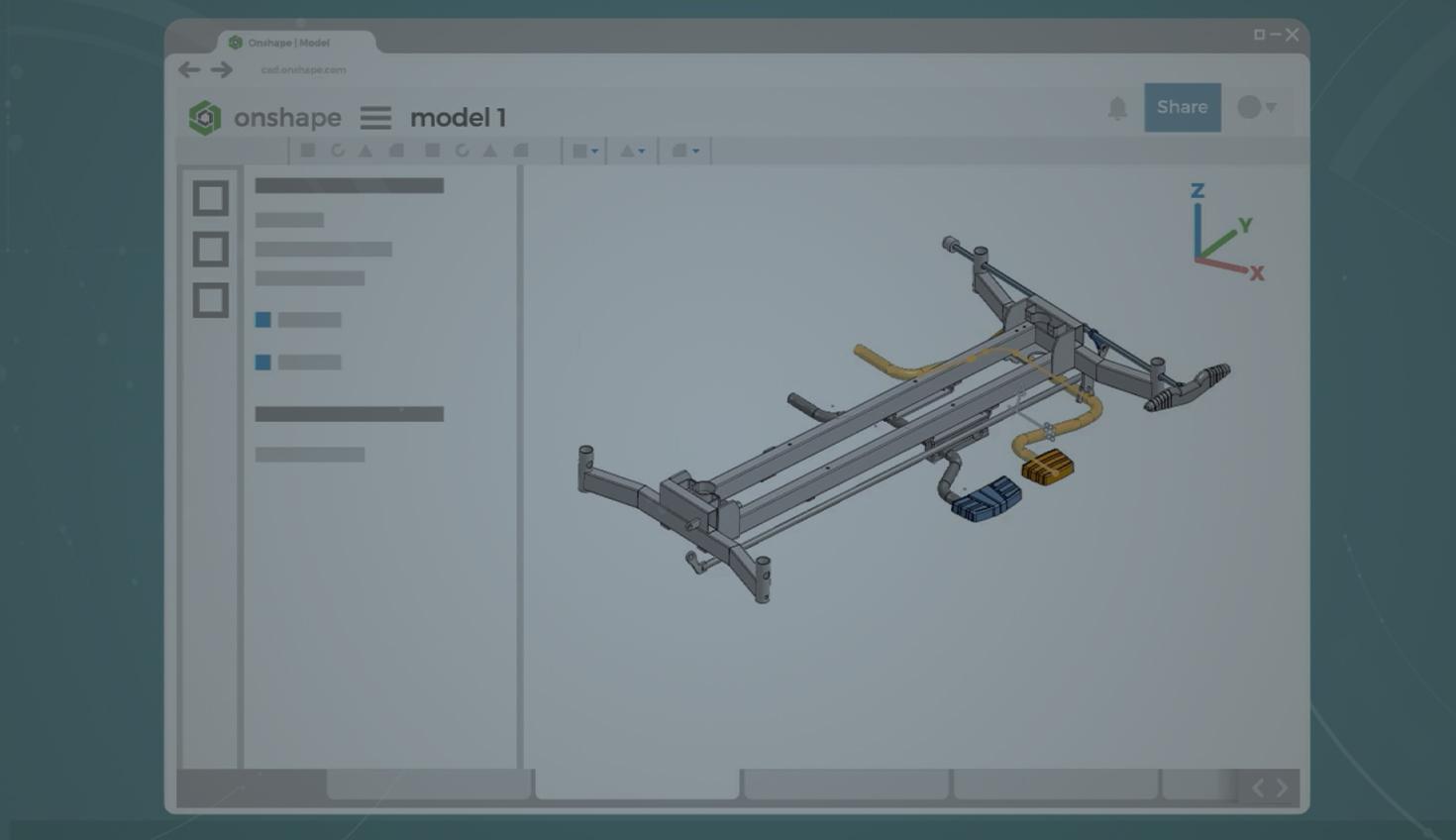 Darkened image showing a CAD model in a browser.