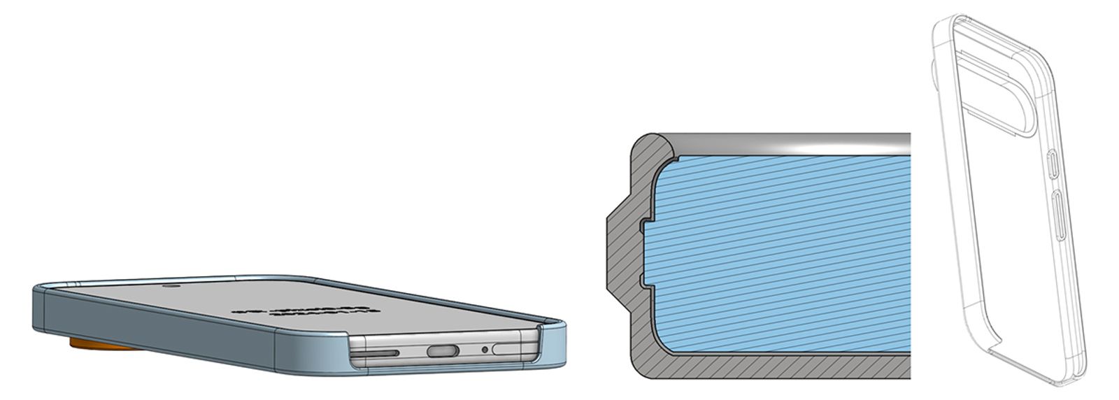 Collage showing different views of a 3D-modeled phone cases designed in Onshape.