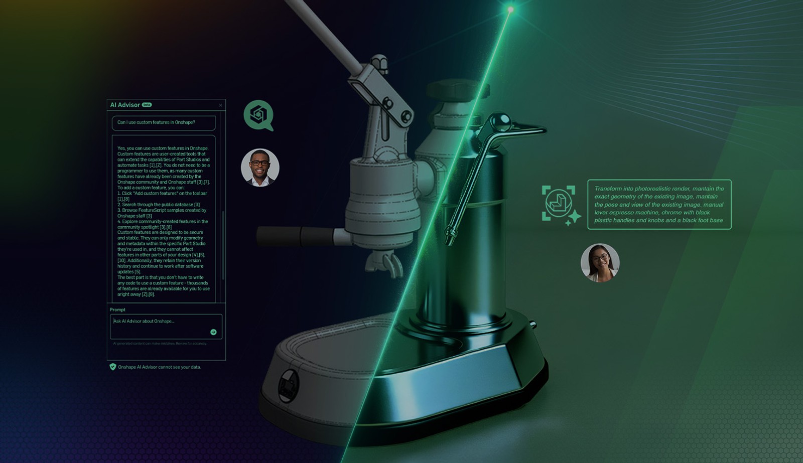 Illustration with an overlay showing a CAD model turn into a rendering with prompts.