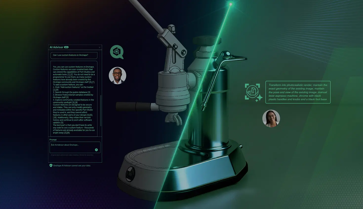 Illustration with an overlay showing a CAD model turn into a rendering with prompts.