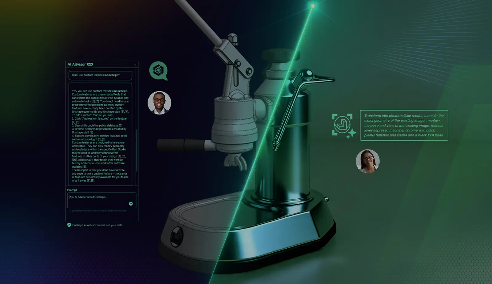Illustration with an overlay showing a CAD model turn into a rendering with prompts.