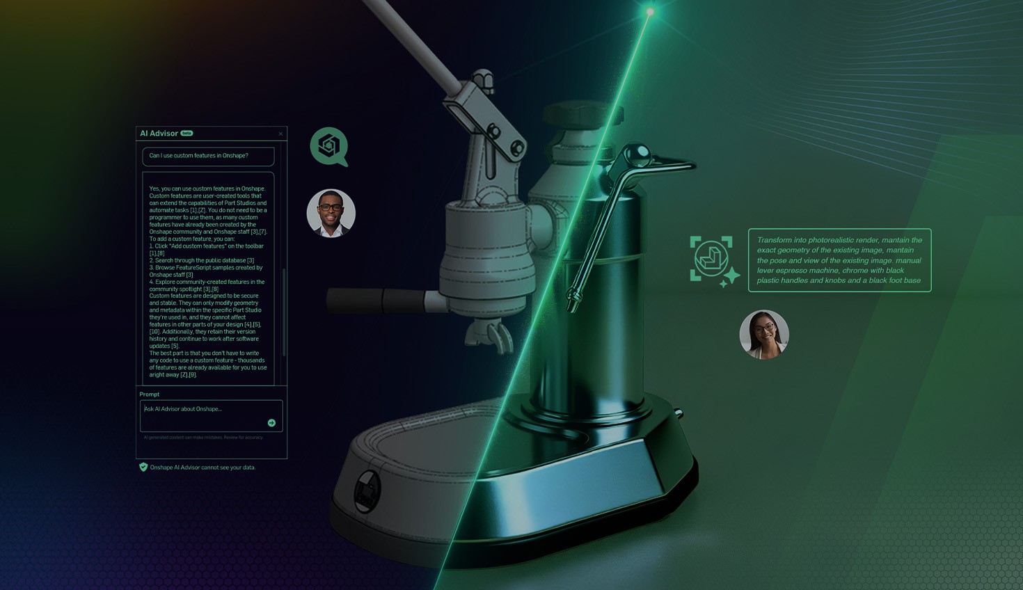 Illustration with an overlay showing a CAD model turn into a rendering with prompts.