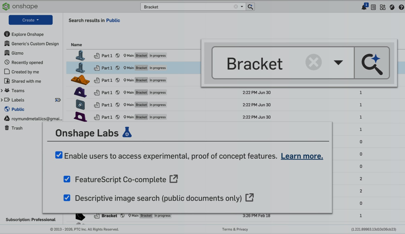 Onshape GUI with an overlay showing Search Results in Public documents.