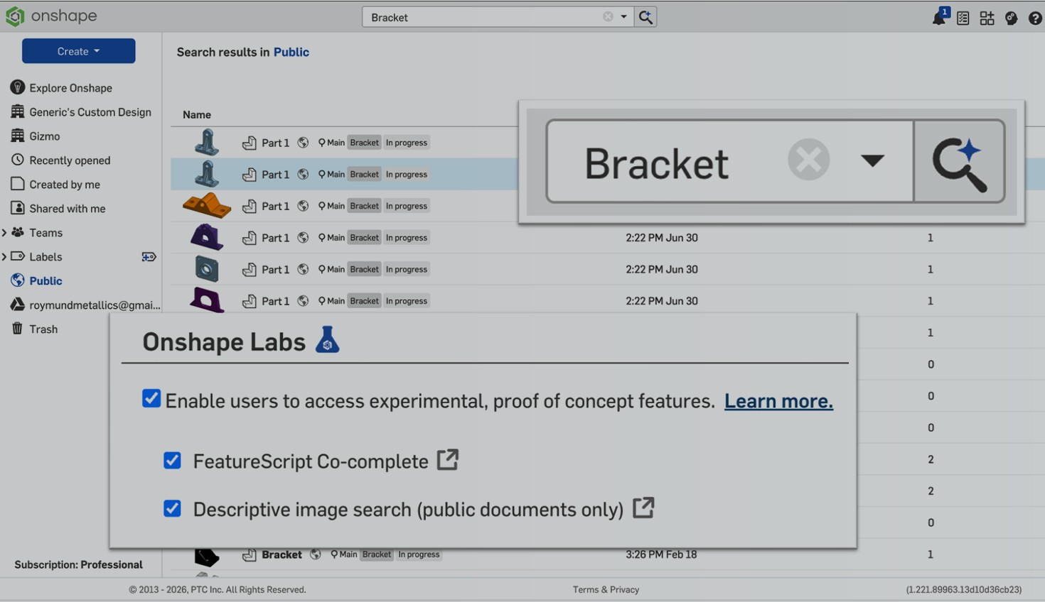 Onshape GUI with an overlay showing Search Results in Public documents.