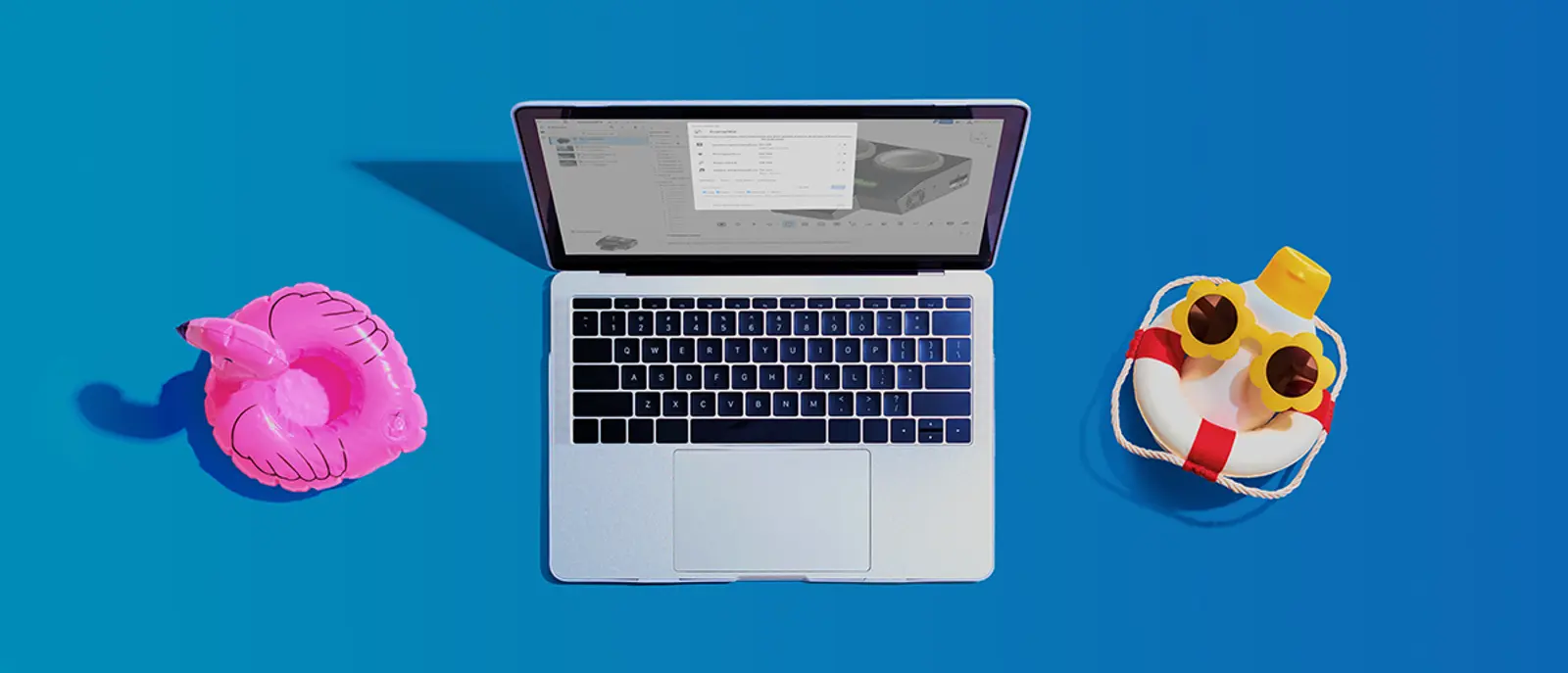 Stock image invoking summer vacation with a laptop showing an Onshape document.