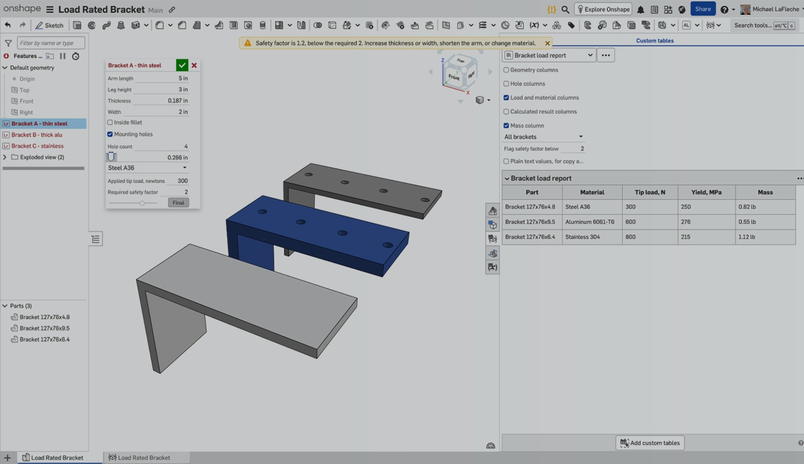 Onshape GUI with an overlay showing Load Rated Bracket.