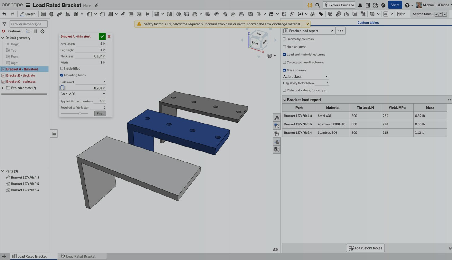 Onshape GUI with an overlay showing Load Rated Bracket.
