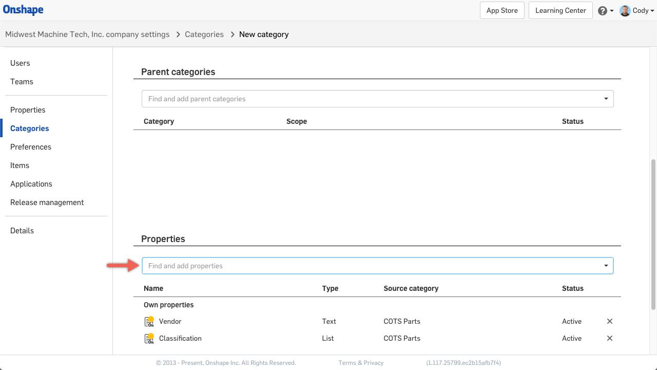 Adding Properties to Category Onshape