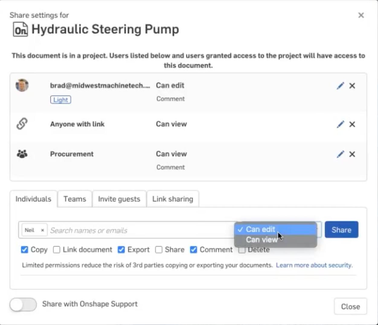 share settings in onshape