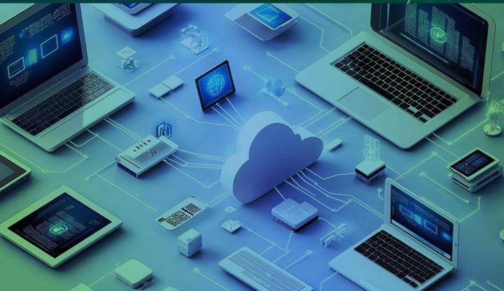 Stock illustration showing a cloud connecting laptops and other devices.
