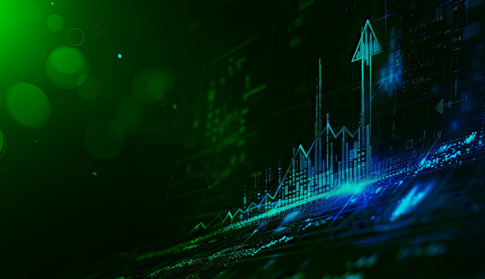 Stock illustration with an overlay showing increases in a graph and an arrow going up.