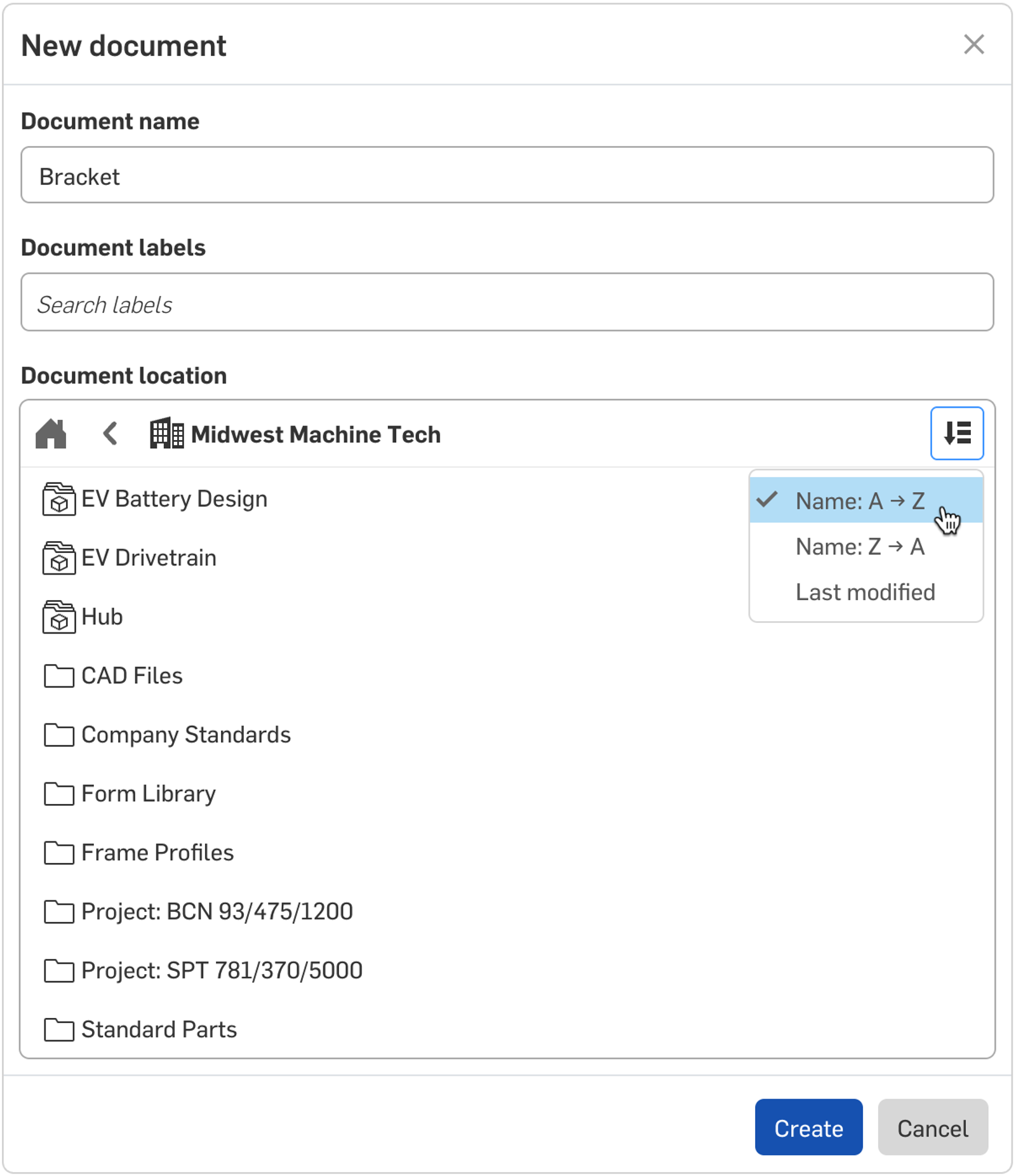 Image showing Onshape's Sort Folders in Documents Page Dialog box.