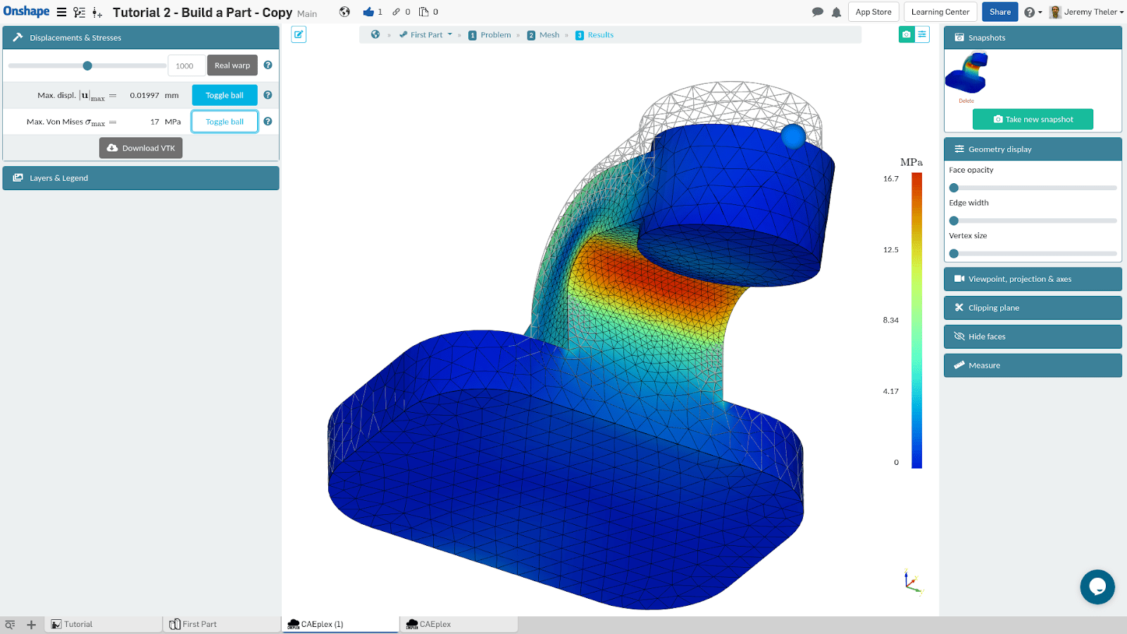 Screenshot of a finite element analysis (FEA) test in Onshape using the CAEplex cloud app.