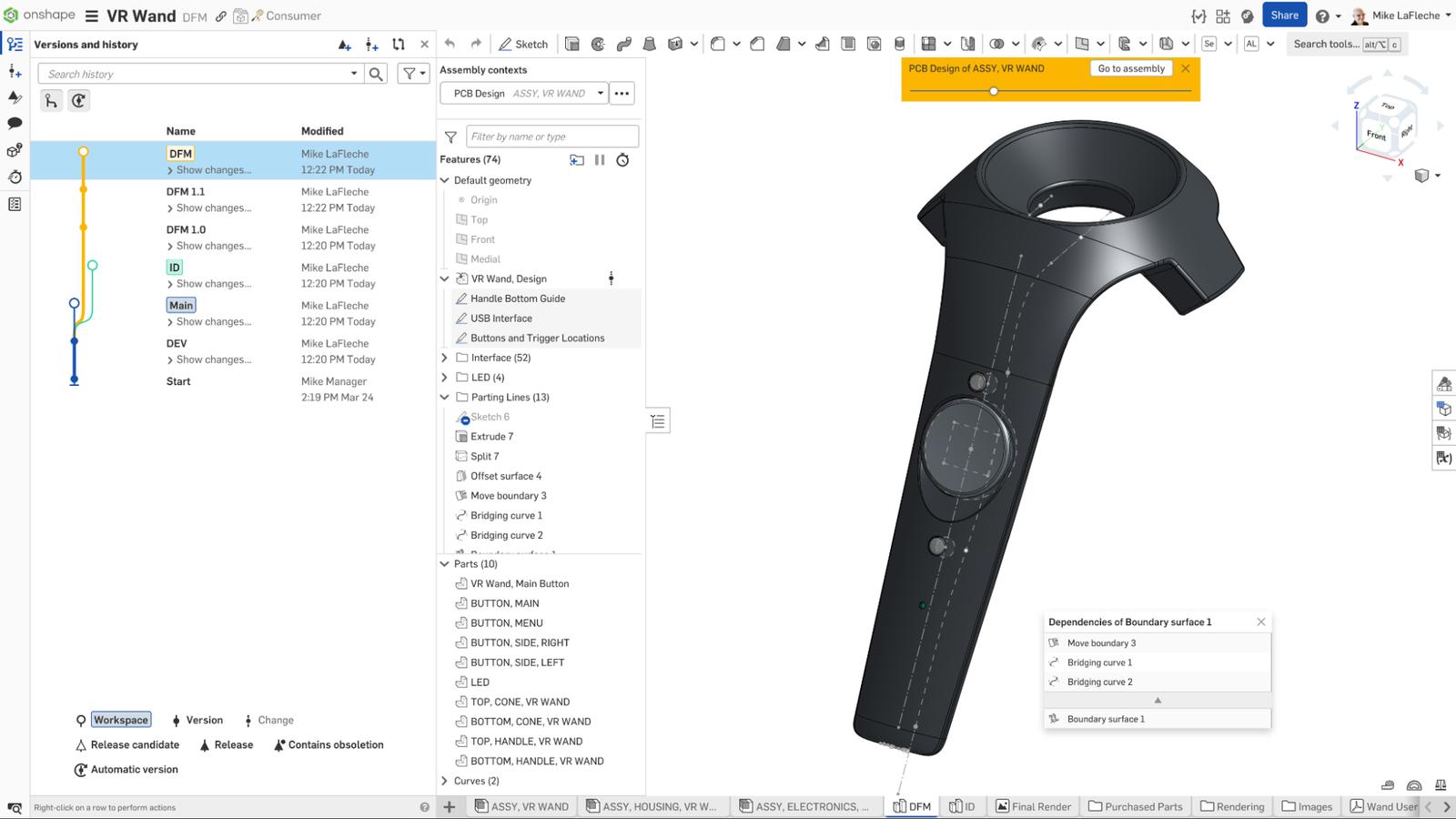 Onshape GUI a 3D-modeled VR Wand with the version and history panel open to show DRM workflow.