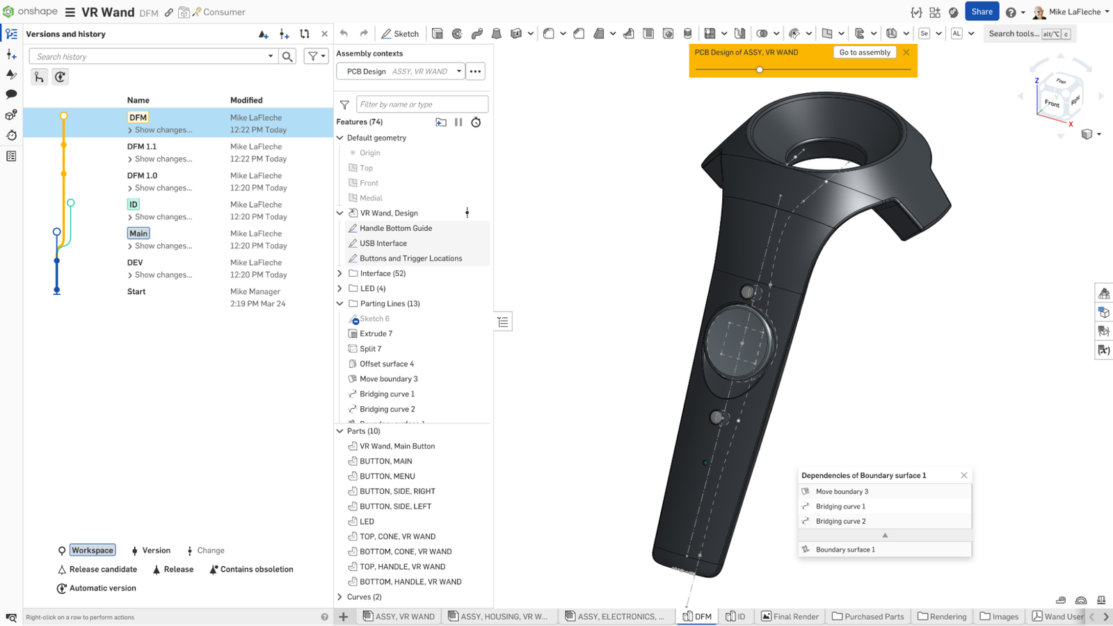 Onshape GUI a 3D-modeled VR Wand with the version and history panel open to show DRM workflow.