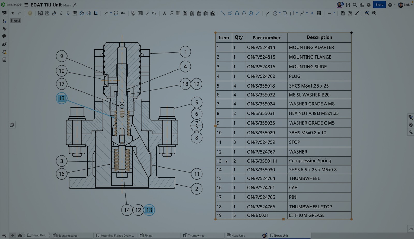 Image with an overlay showing a drawing of an EOAT Tilt Unit in Onshape.