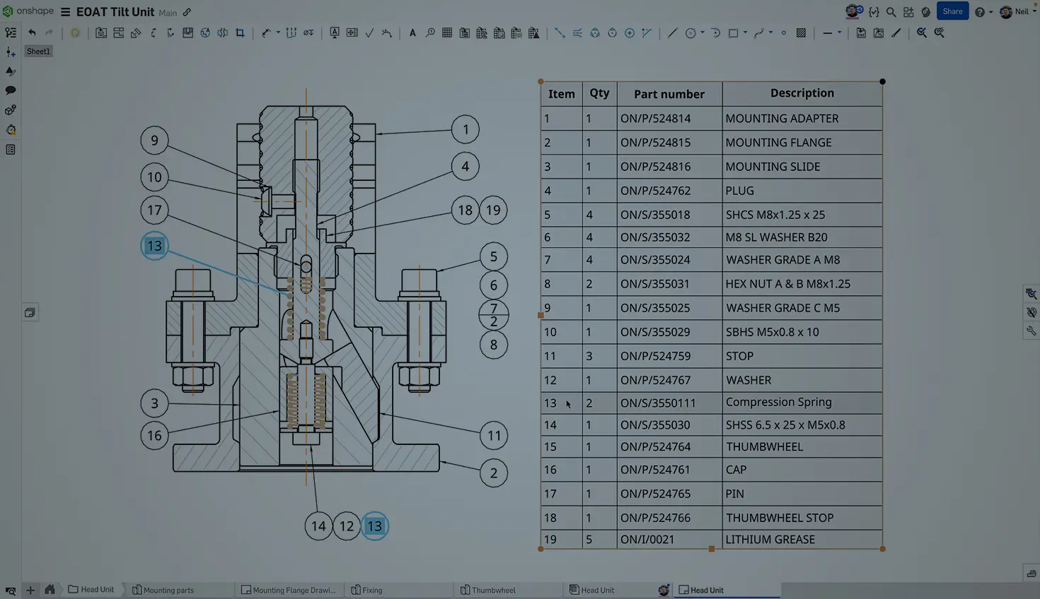 Image with an overlay showing a drawing of an EOAT Tilt Unit in Onshape.