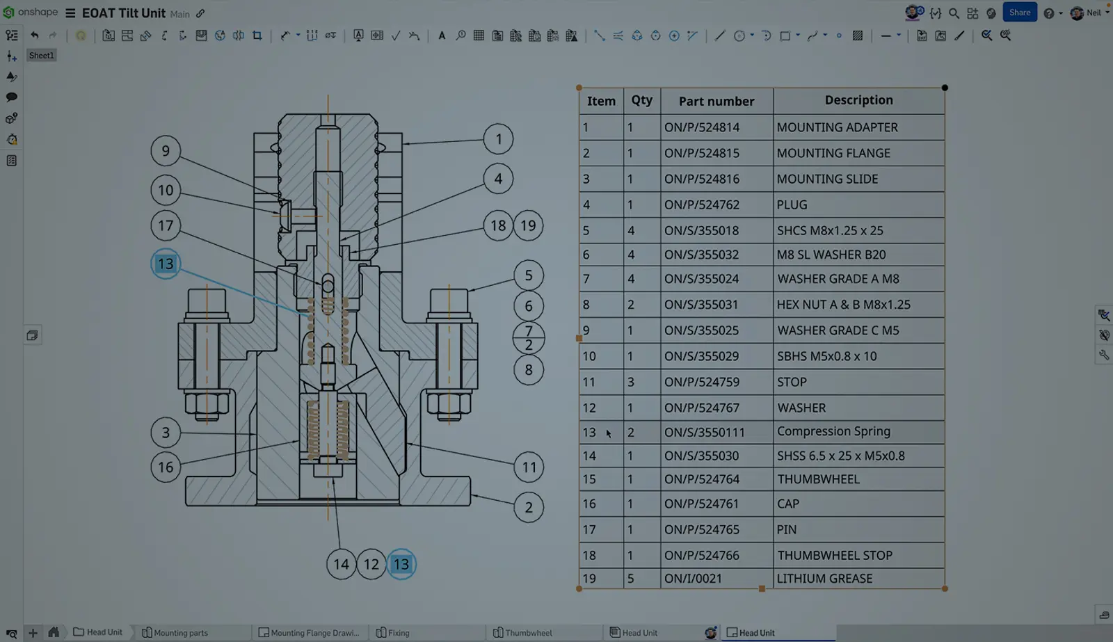 Image with an overlay showing a drawing of an EOAT Tilt Unit in Onshape.