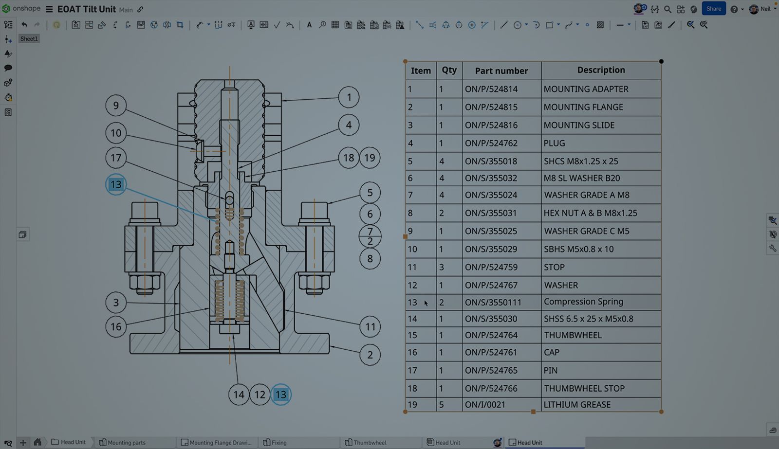Image with an overlay showing a drawing of an EOAT Tilt Unit in Onshape.