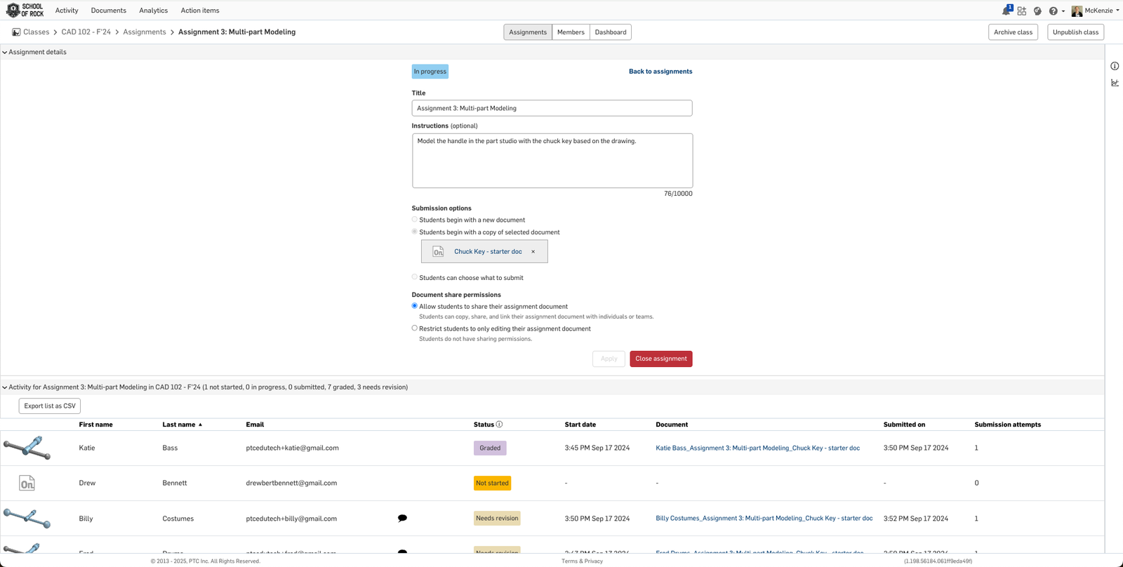 Screenshot of Onshape interface showing an assignment ready for grading.