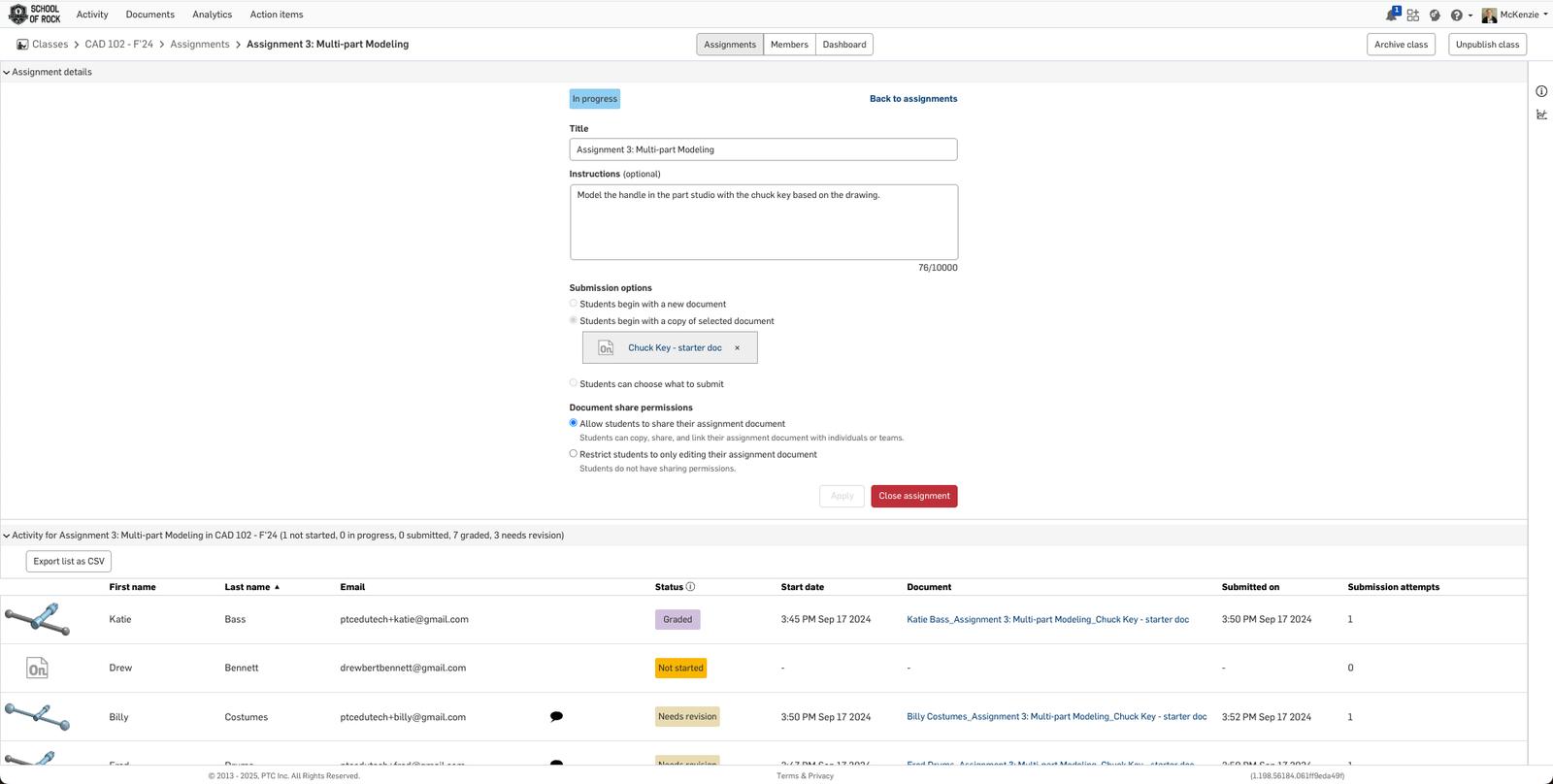 Screenshot of Onshape interface showing an assignment ready for grading.