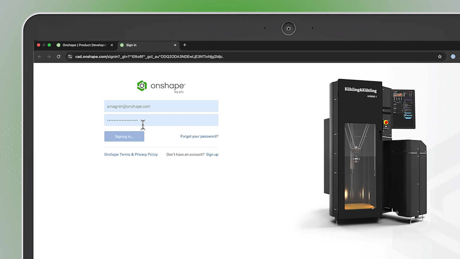 Onshape GUI showing the sign-up page. Easy! 