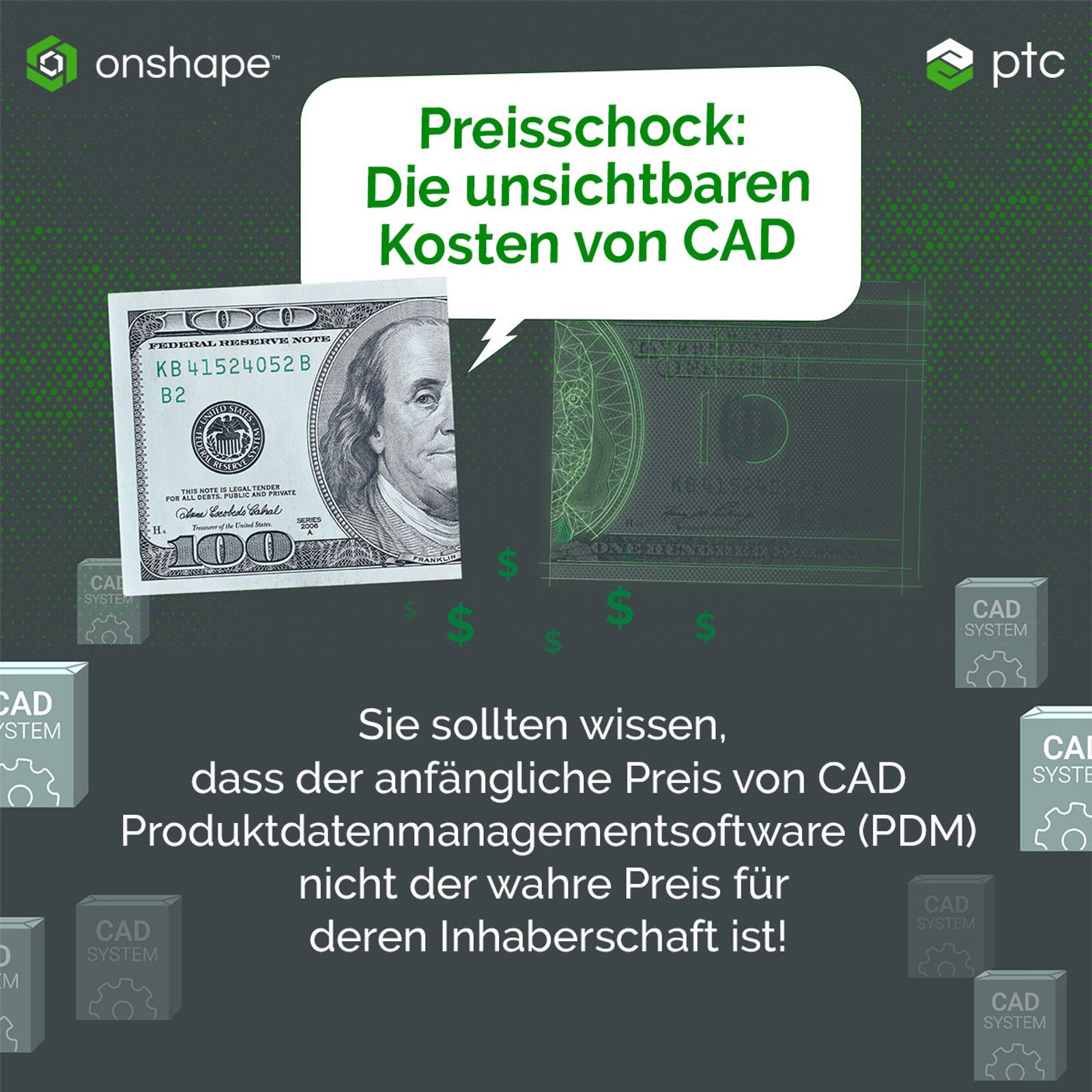 a 100 dollar bill with a green speech bubble above it