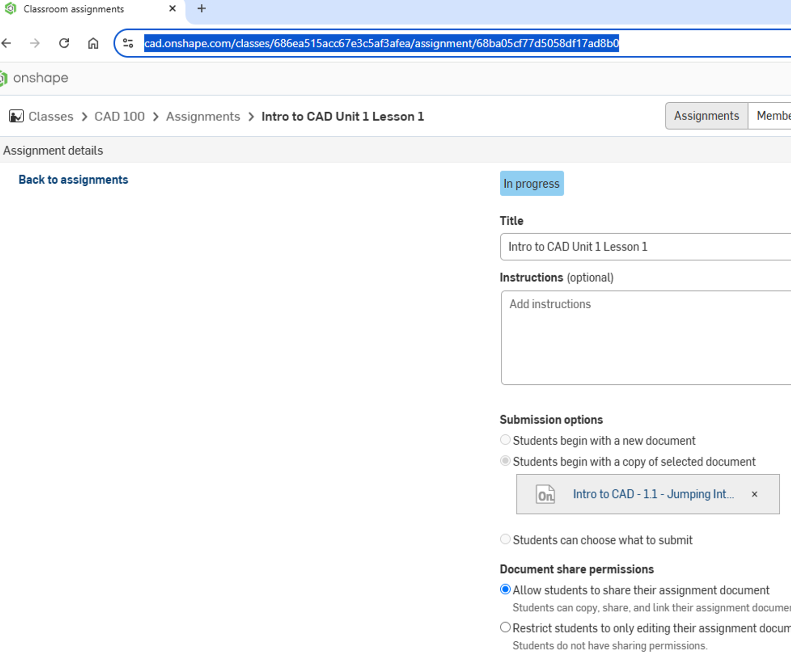 Onshape GUI showing the URL for a classroom assignment.