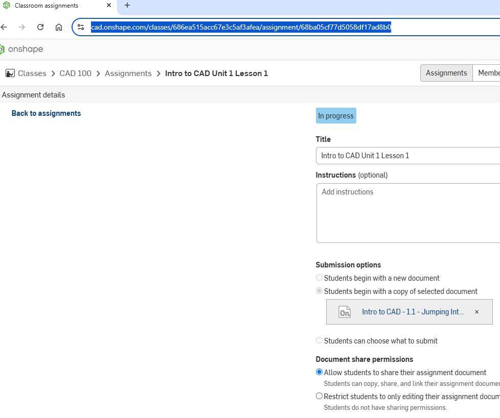 Onshape GUI showing the URL for a classroom assignment.