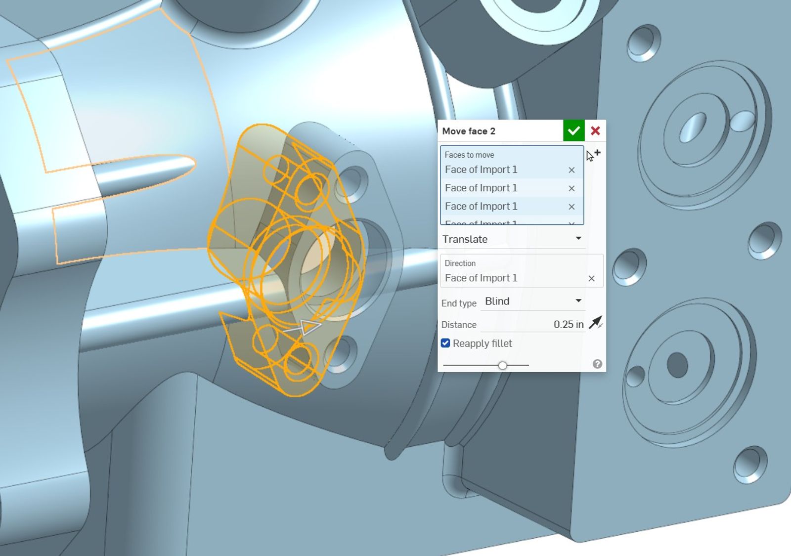 Onshape GUI showing a closeup of a 3D-modeled pump part and the Move face 2 dialog open.