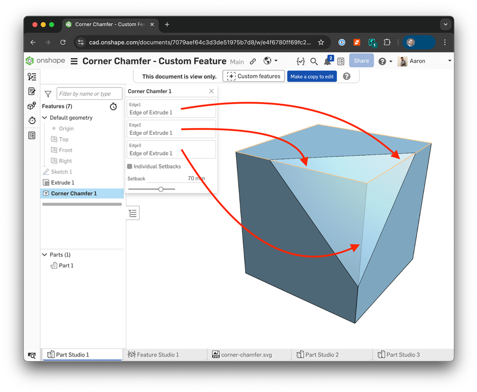 Onshape GUI showing a corner chamfer custom feature in use.