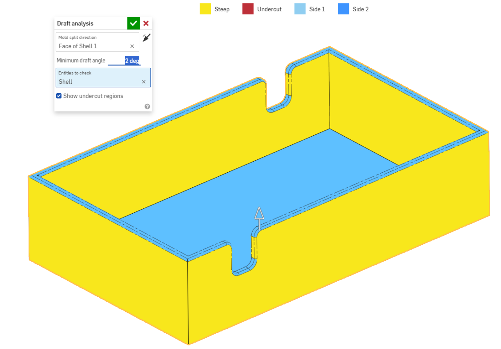 Onshape GUI showing a draft analysis of a part with fillets.