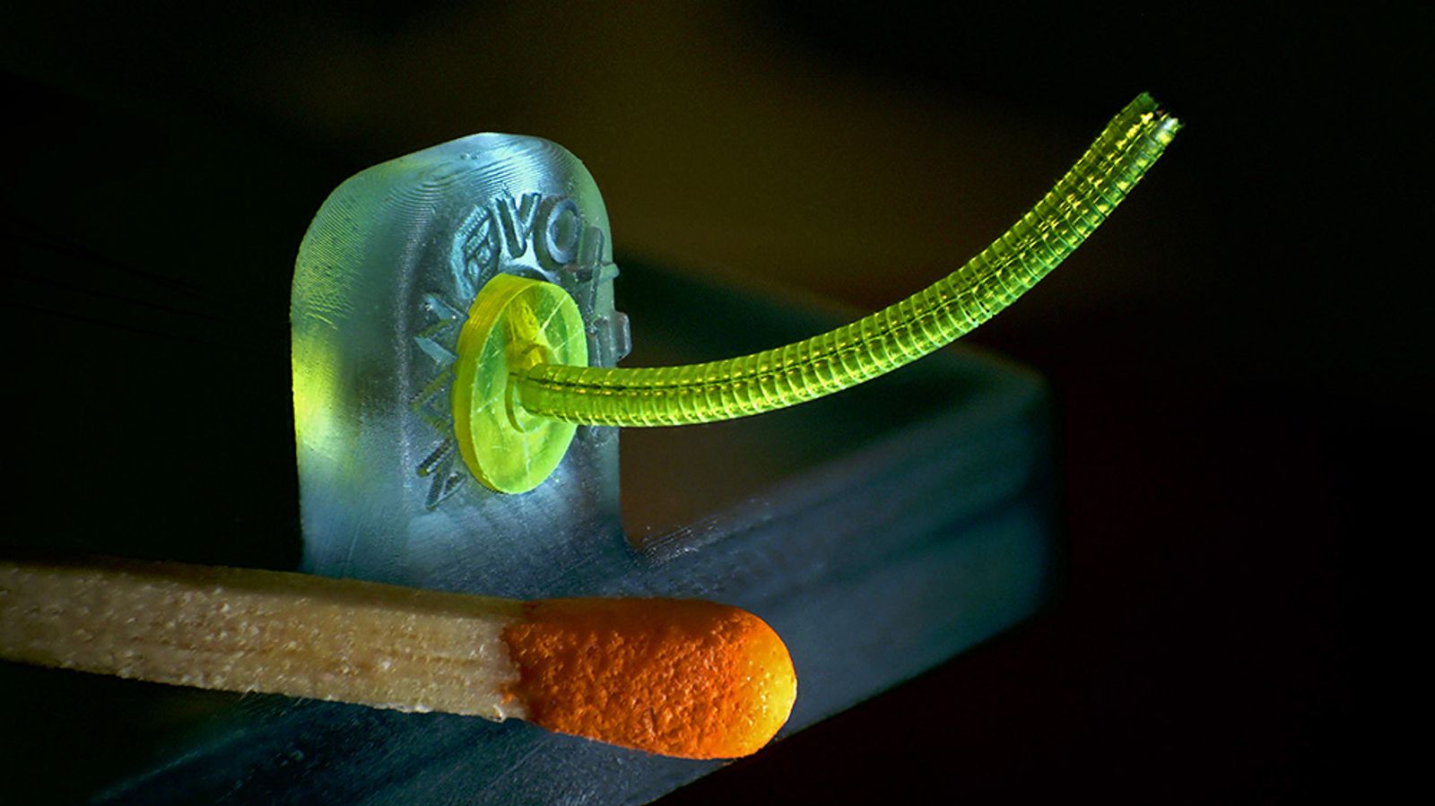 NanoVoxel’s 3D-printed endoscope, designed in Onshape, compared to the size of a matchstick.