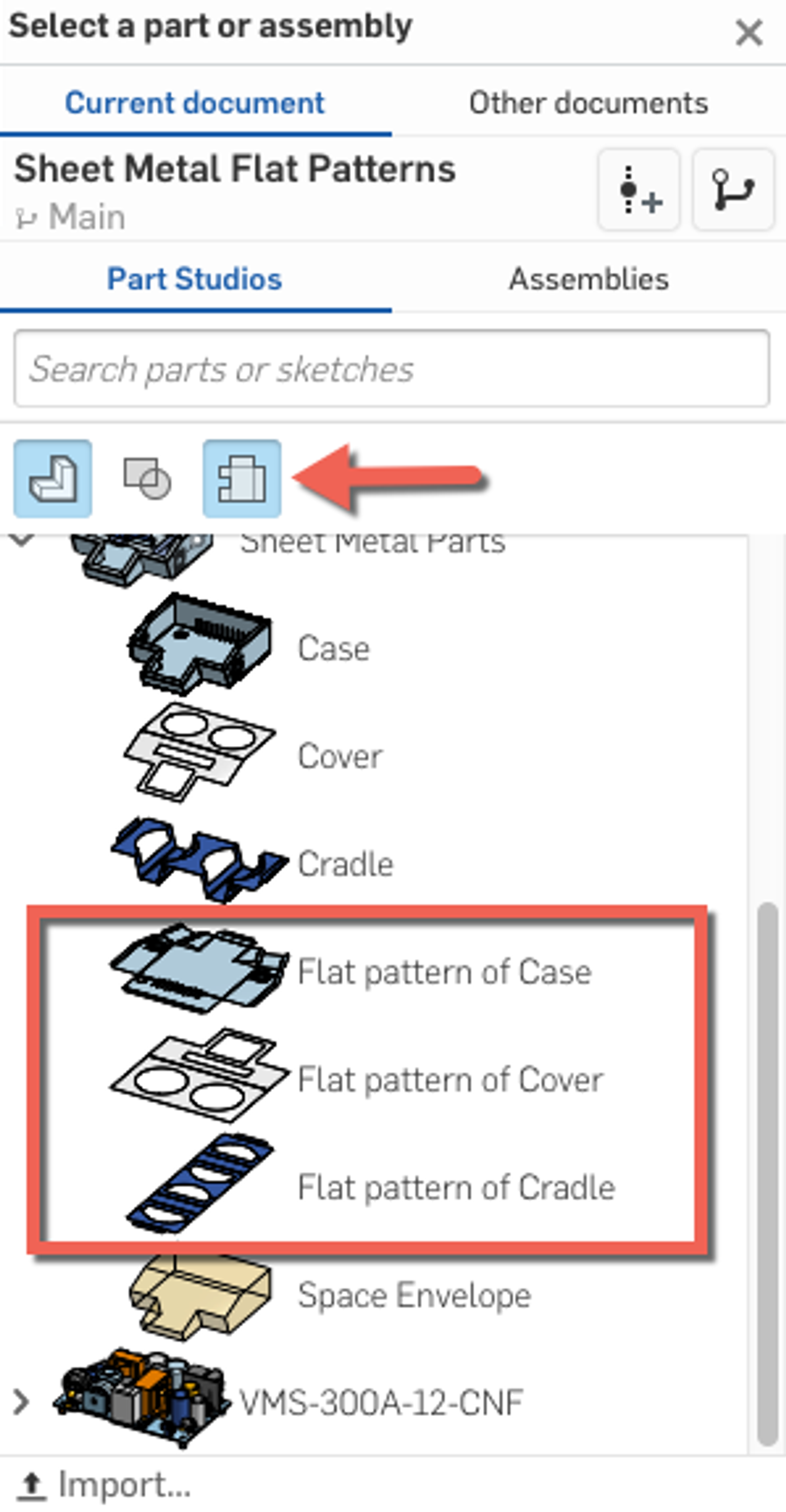 Crop of Onshape GUI showing sheet metal flat patterns in a list. 