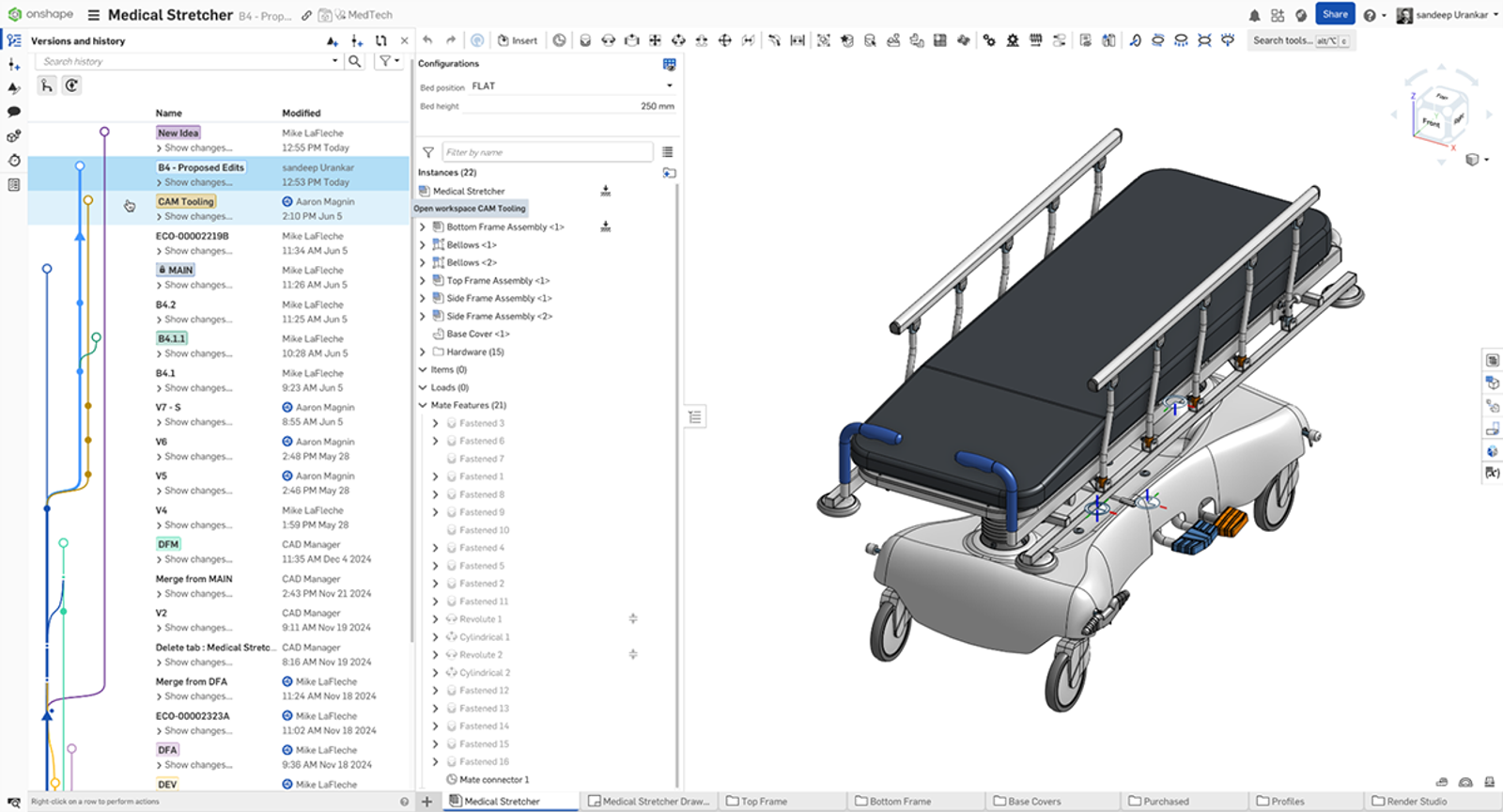 Onshape GUI showing a CAD model of a medical stretcher and the Versions and history panel open.