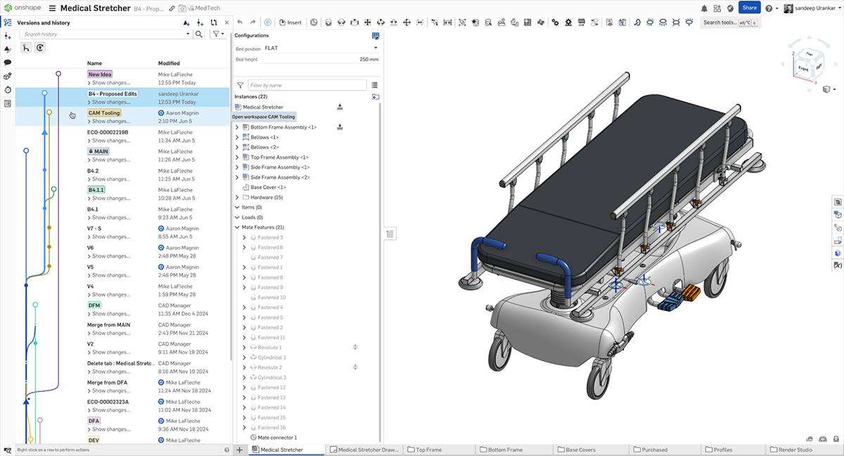 Onshape GUI showing a CAD model of a medical stretcher and the Versions and history panel open.