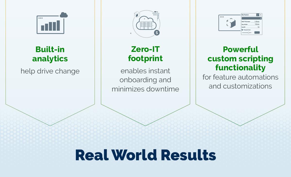 Onshape offers features like built in analytics, zero it footprint, and powerful custom scripting