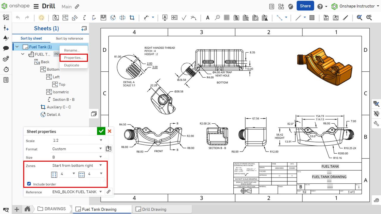 Updating Drawing Border Zones - Onshape